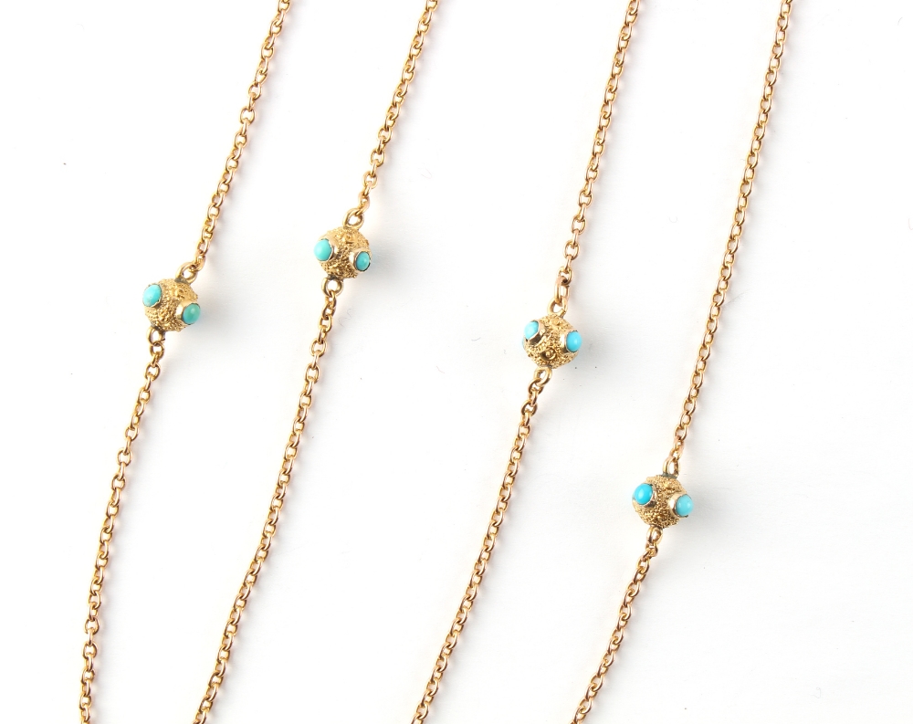 A late Victorian unmarked yellow gold (tests 15ct) & turquoise chain necklace, approximately 15.1
