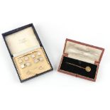 Property of a gentleman - a cased set of 9ct gold & mother-of-pearl cufflinks & studs; together with