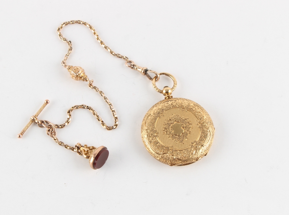Property of a lady - a late 19th century 18ct gold full hunter cased fob watch, the dust cover - Image 2 of 3