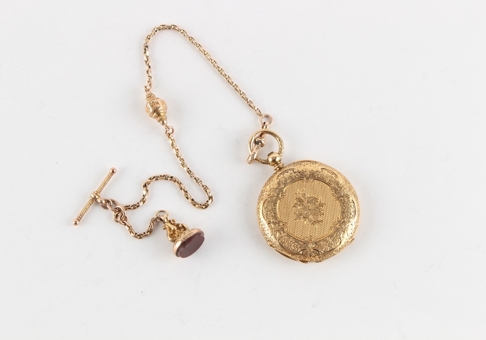 Property of a lady - a late 19th century 18ct gold full hunter cased fob watch, the dust cover - Image 3 of 3
