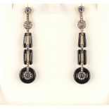A pair of black onyx sapphire & diamond pendant earrings, with post & butterfly fastenings, each