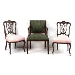 Property of a deceased estate - a pair of Edwardian carved salon side chairs, with pink & white