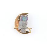 An unusual 18ct yellow gold carved opal & diamond Owl & crescent moon brooch, approximately 45mm