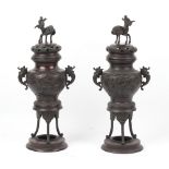 Property of a gentleman - a large pair of Japanese bronze incense burners, koro's, late 19th / early