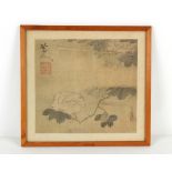 A Chinese painting on silk depicting flowers, probably 18th / 19th century, signed with