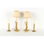 Property of a deceased estate - a pair of brass side ejector candlesticks, adapted as table lamps,