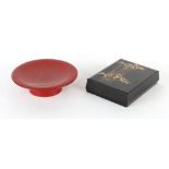 Property of a deceased estate - a Japanese plain cinnabar lacquer pedestal dish, 12ins. (30.5cms.)