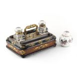 Property of a gentleman - a Victorian brass mounted walnut & ebonised inkstand, with twin inkwells