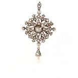 A 19th century diamond & natural saltwater pearl pendant brooch, the certificated silver white