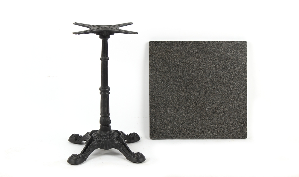 Property of a gentleman - a black painted cast metal garden table with square granite top, 23.