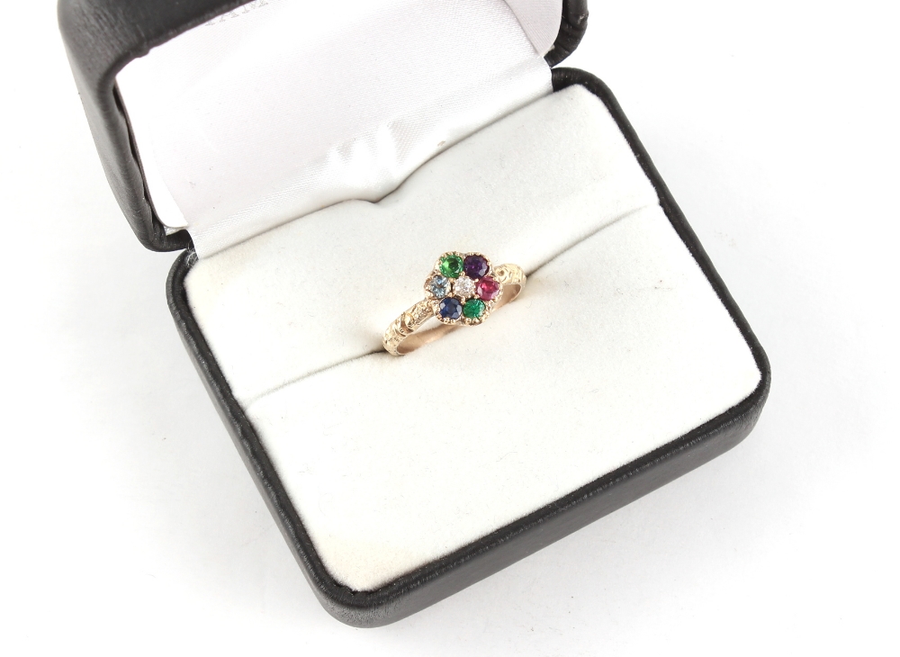 A late 19th / early 20th century unmarked yellow gold multi gem set DEAREST cluster ring, the stones - Image 2 of 2