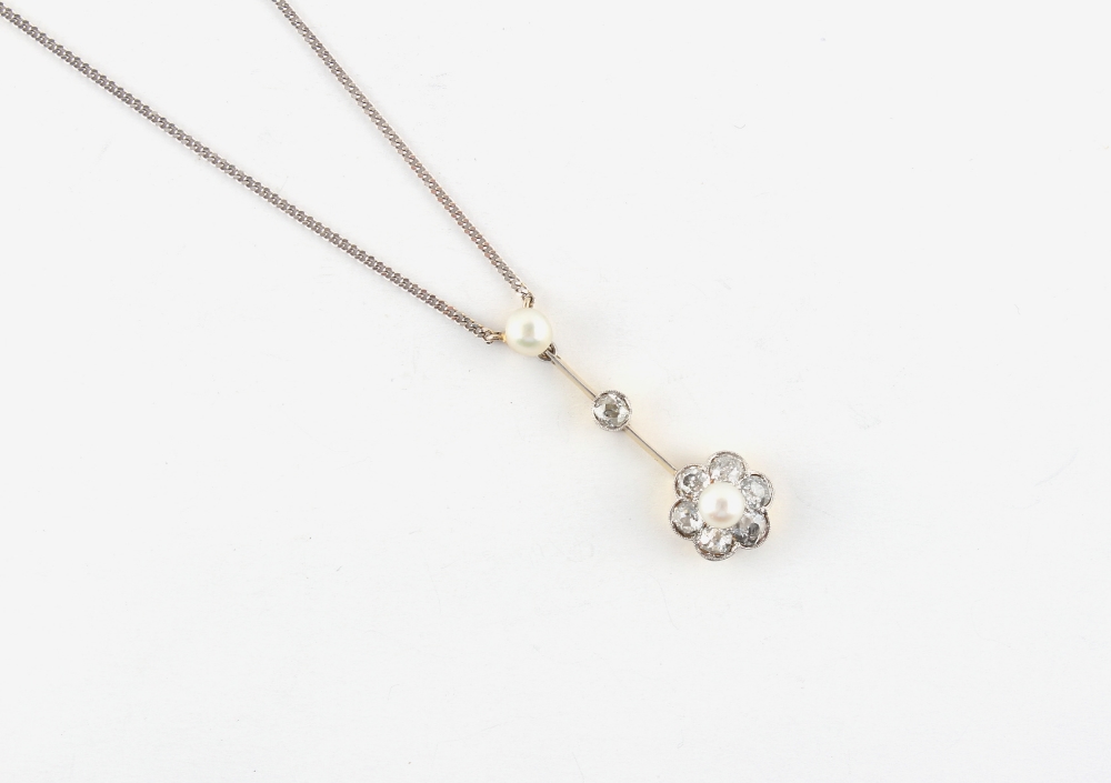 A diamond & pearl articulated pendant on 18ct white gold chain necklace, the seven old cut - Image 2 of 2