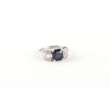 An Art Deco style sapphire & diamond ring, the octagonal cut sapphire weighing approximately 2.06