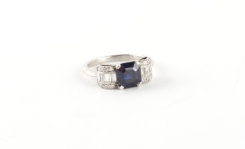 An Art Deco style sapphire & diamond ring, the octagonal cut sapphire weighing approximately 2.06