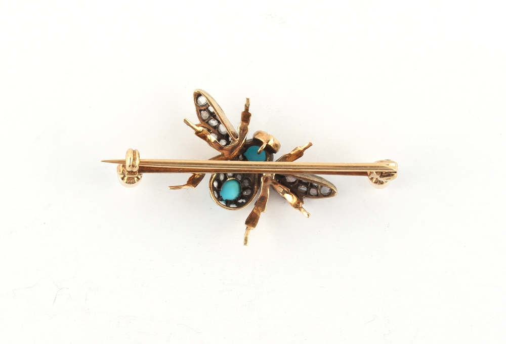 An unmarked yellow gold turquoise, pearl, diamond & black opal insect brooch, 41mm long (excluding - Image 2 of 2