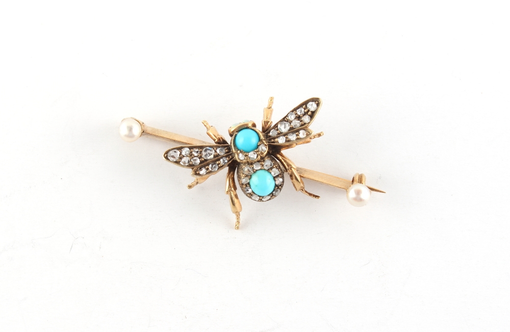 An unmarked yellow gold turquoise, pearl, diamond & black opal insect brooch, 41mm long (excluding