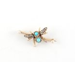 An unmarked yellow gold turquoise, pearl, diamond & black opal insect brooch, 41mm long (excluding