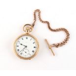 Property of a deceased estate - a gold plated keyless wind pocket watch, on 9ct gold albert watch