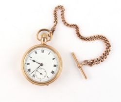 Property of a deceased estate - a gold plated keyless wind pocket watch, on 9ct gold albert watch