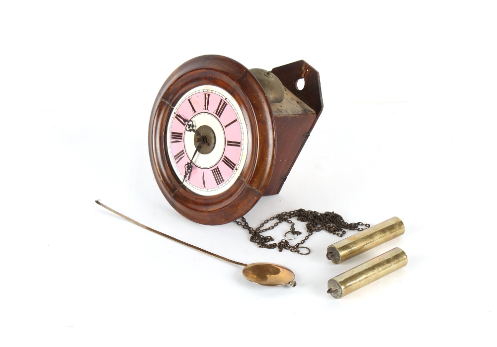 Property of a deceased estate - a late 19th century postman's wall clock, with brass cased weights &