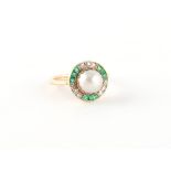 An unmarked yellow gold certificated natural saltwater pearl emerald & diamond ring, the silver