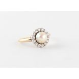 An 18ct yellow gold certificated natural saltwater pearl & diamond cluster ring, the natural