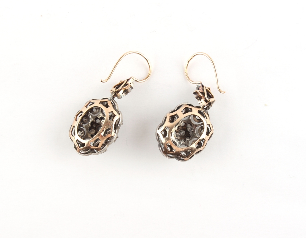 A pair of diamond cluster pendant earrings, set with old cut & rose cut diamonds, each approximately - Image 2 of 2