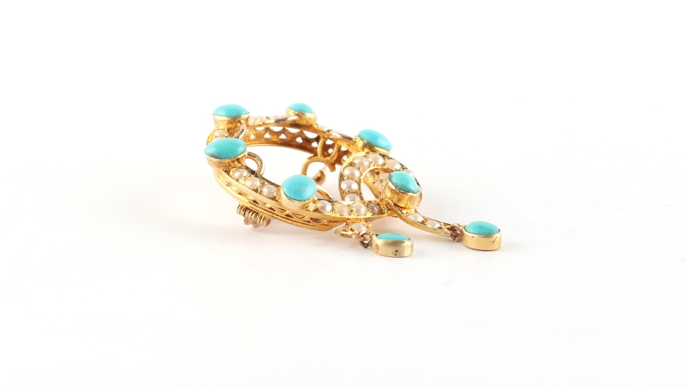 An unmarked yellow gold (tests 14/15ct) turquoise & seed pearl garter brooch, 39mm long. - Image 2 of 2