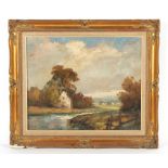 Property of a gentleman - British school, mid 20th century - LANDSCAPE WITH COTTAGE BY RIVER - oil