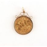 Property of a lady - gold coin - a 1906 Edward VII gold half sovereign coin pendant, with 9ct gold