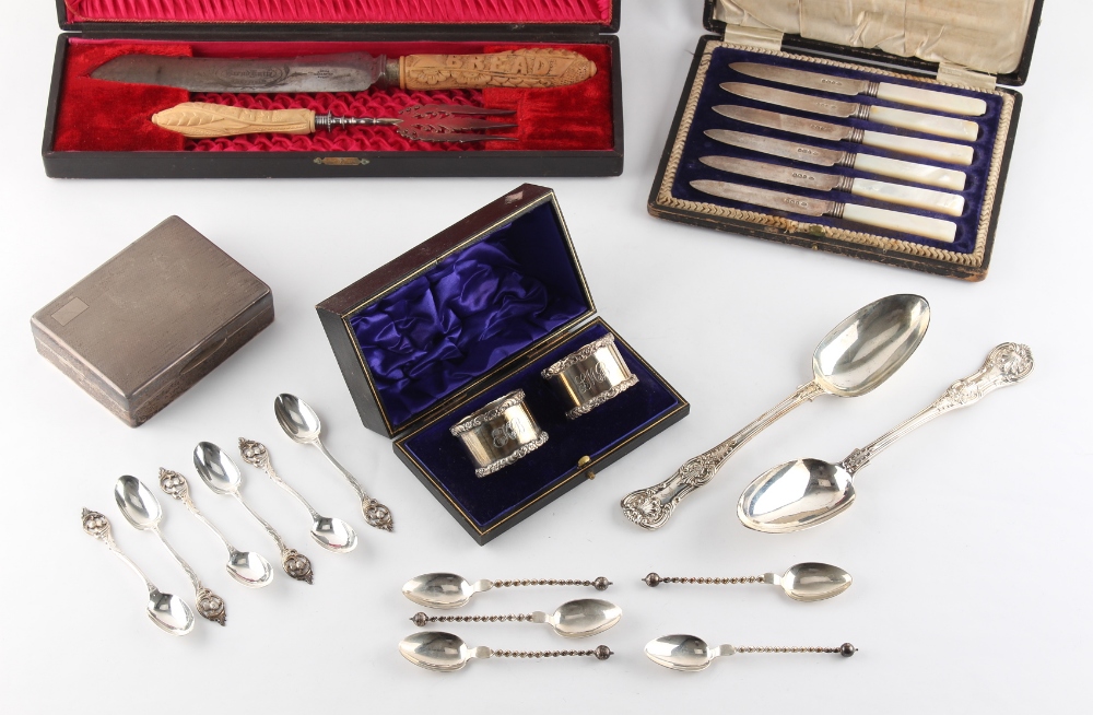 Property of a lady - a pair of Victorian silver kings pattern table spoons; together with a set of