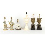 Property of a gentleman - a group of six table lamps including two pairs and a carved alabaster