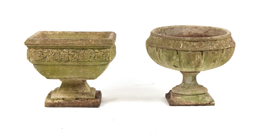 Property of a deceased estate - two weathered reconstituted stone garden urns, two-part, the