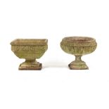 Property of a deceased estate - two weathered reconstituted stone garden urns, two-part, the