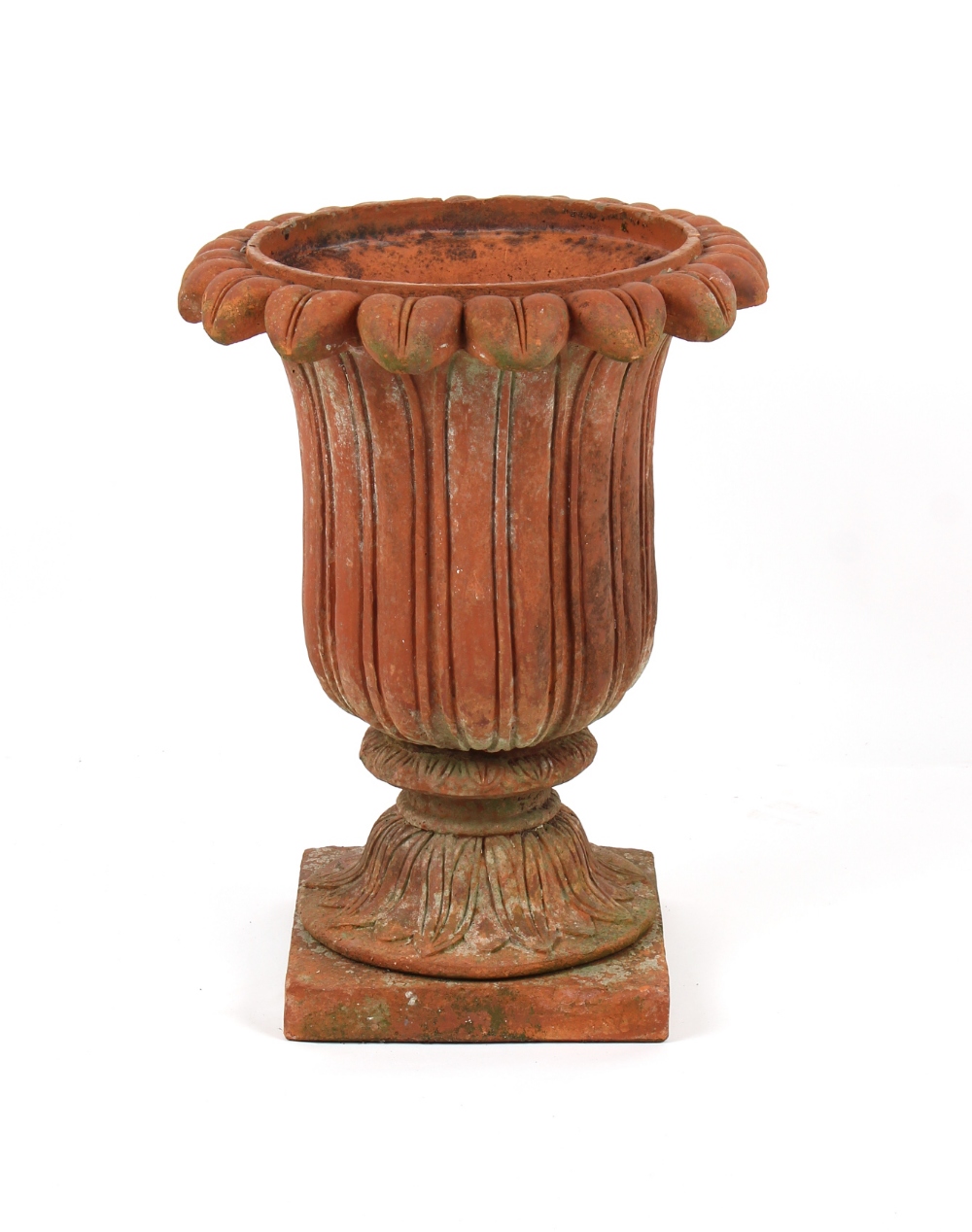 Property of a deceased estate - a weathered terracotta garden urn, two-part, 27ins. (69cms.) high.