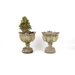 Property of a deceased estate - a pair of weathered reconstituted stone garden urns, two-part,