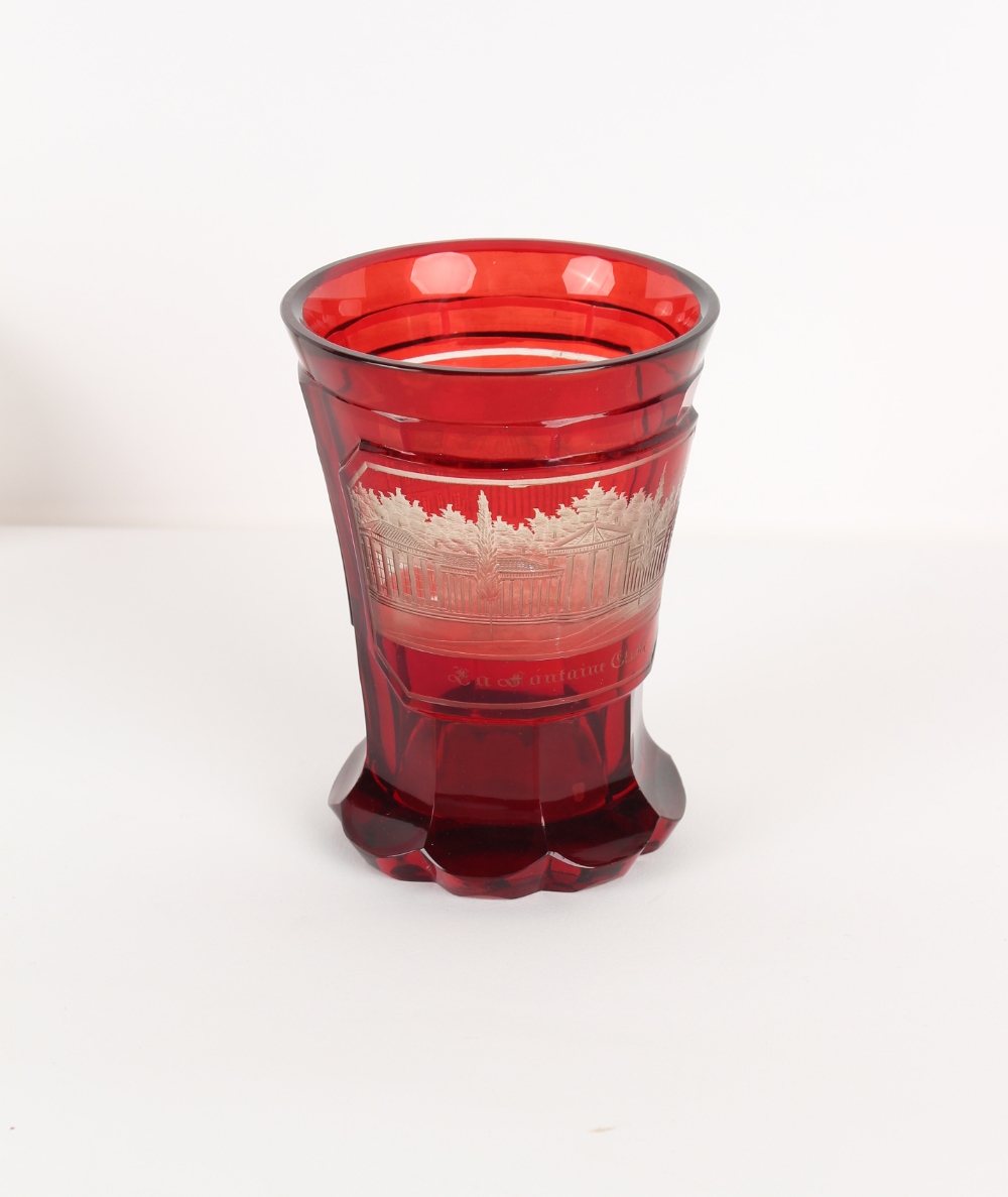 Property of a gentleman - a 19th century Bohemian ruby flashed glass beaker with etched decoration - Image 2 of 2