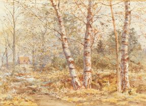 Property of a lady - Thomas Henry Hunn (1857-1928) - COTTAGE IN WOODLAND WITH SILVER BIRCHES -