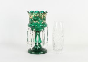 Property of a lady - a Victorian green glass table lustre, 14ins. (35.5cms.) high; together with a