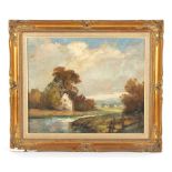 Property of a gentleman - British school, mid 20th century - LANDSCAPE WITH COTTAGE BY RIVER - oil