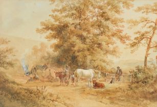 Property of a gentleman - Henry Earp Snr. (1831-1914) - A GIPSY ENCAMPMENT WITH FIGURES, HORSES,