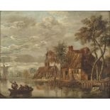 Property of a lady - English school, first half 19th century - A RIVER LANDSCAPE WITH FIGURES IN A