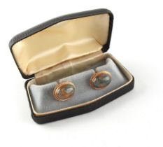 Property of a gentleman - a pair of 9ct gold & cabochon moss agate cufflinks, approximately 10.3