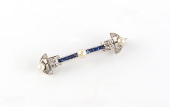 An early 20th century Art Deco sapphire pearl & diamond bar brooch, approximately 54mm long (
