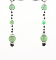 A pair of jadeite & black onyx bead pendant earrings with diamond set collars, each approximately