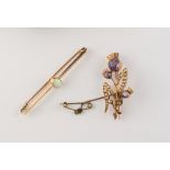 Property of a gentleman - an early 20th century 15ct gold opal bar brooch, 58mm long,