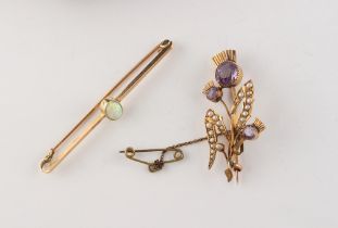 Property of a gentleman - an early 20th century 15ct gold opal bar brooch, 58mm long,
