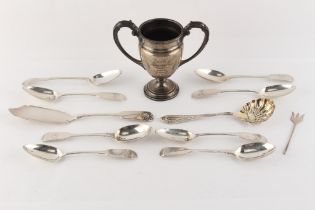 Property of a gentleman - a bag containing a small silver trophy cup and assorted silver flatware