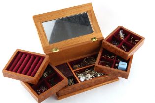 Property of a deceased estate - a wooden jewellery box containing costume jewellery & watches.