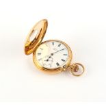 Property of a lady - an 18ct gold half hunter cased pocket watch, keyless wind, the enamel dial